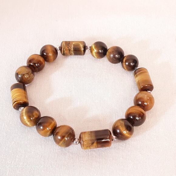 Tigers Eye Beaded Stretch Bracelet Brown Tan Geometric shapes - Picture 1 of 6